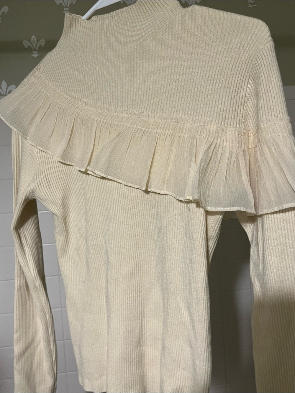 Cream Ruffle Accent Ribbed Sweater - Women's - Picture 5 of 11